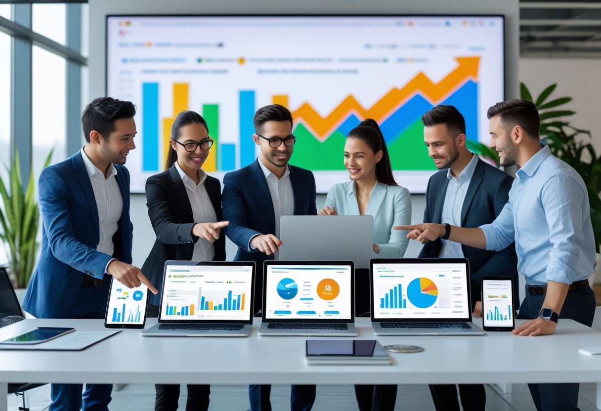 How SEO Agencies Should Do SEO for Themselves: Proven Strategies for In-House Success 1 A team of professionals working together around a desk with laptops and digital screens showing SEO data and charts.