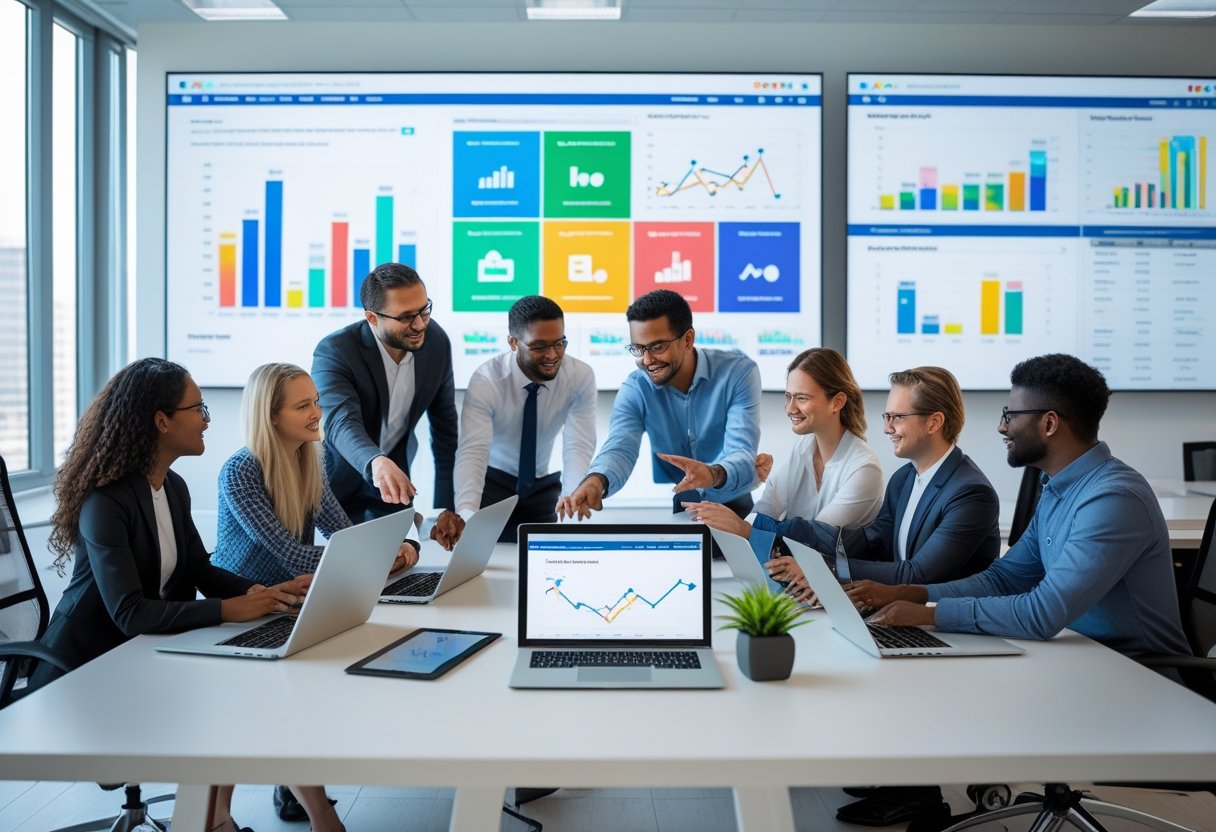How SEO Agencies Should Do SEO for Themselves: Proven Strategies for In-House Success 2 A team of professionals collaborating around a table with laptops and digital devices showing SEO data and charts in a bright office.