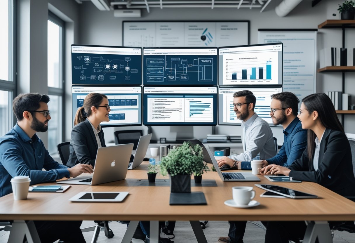 How SEO Agencies Should Do SEO for Themselves: Proven Strategies for In-House Success 3 A team of professionals collaborating in an office around computers displaying website architecture diagrams and SEO data.