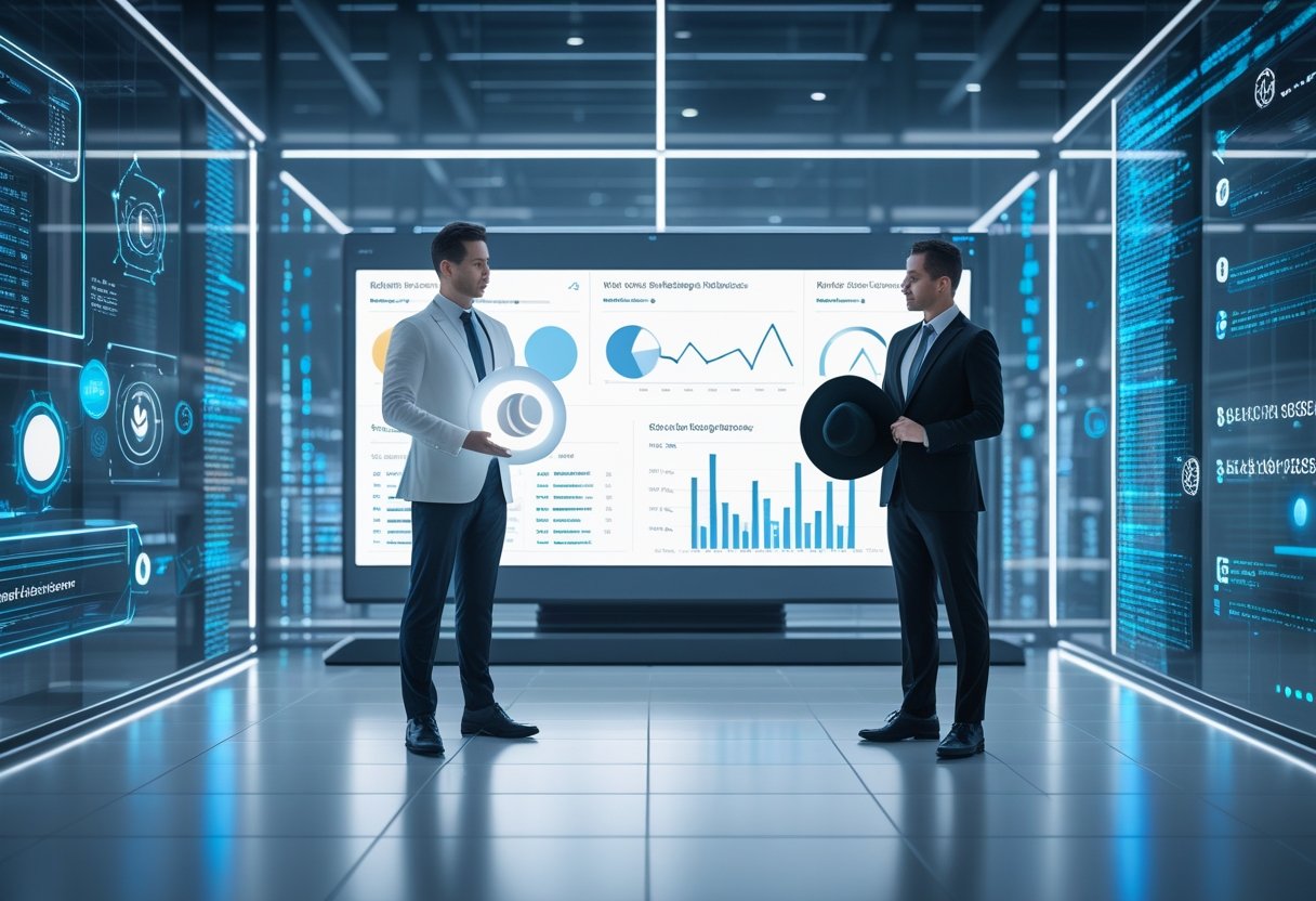 White Hat vs Black Hat SEO: Key Differences 1 Two business professionals stand on either side of a large digital screen showing SEO analytics, one dressed in white and the other in black, symbolizing ethical and deceptive SEO methods.