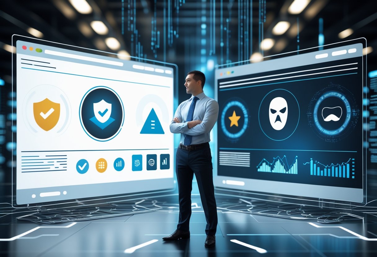 White Hat vs Black Hat SEO: Key Differences 2 A business professional standing between two digital screens showing contrasting symbols representing ethical and unethical SEO strategies.