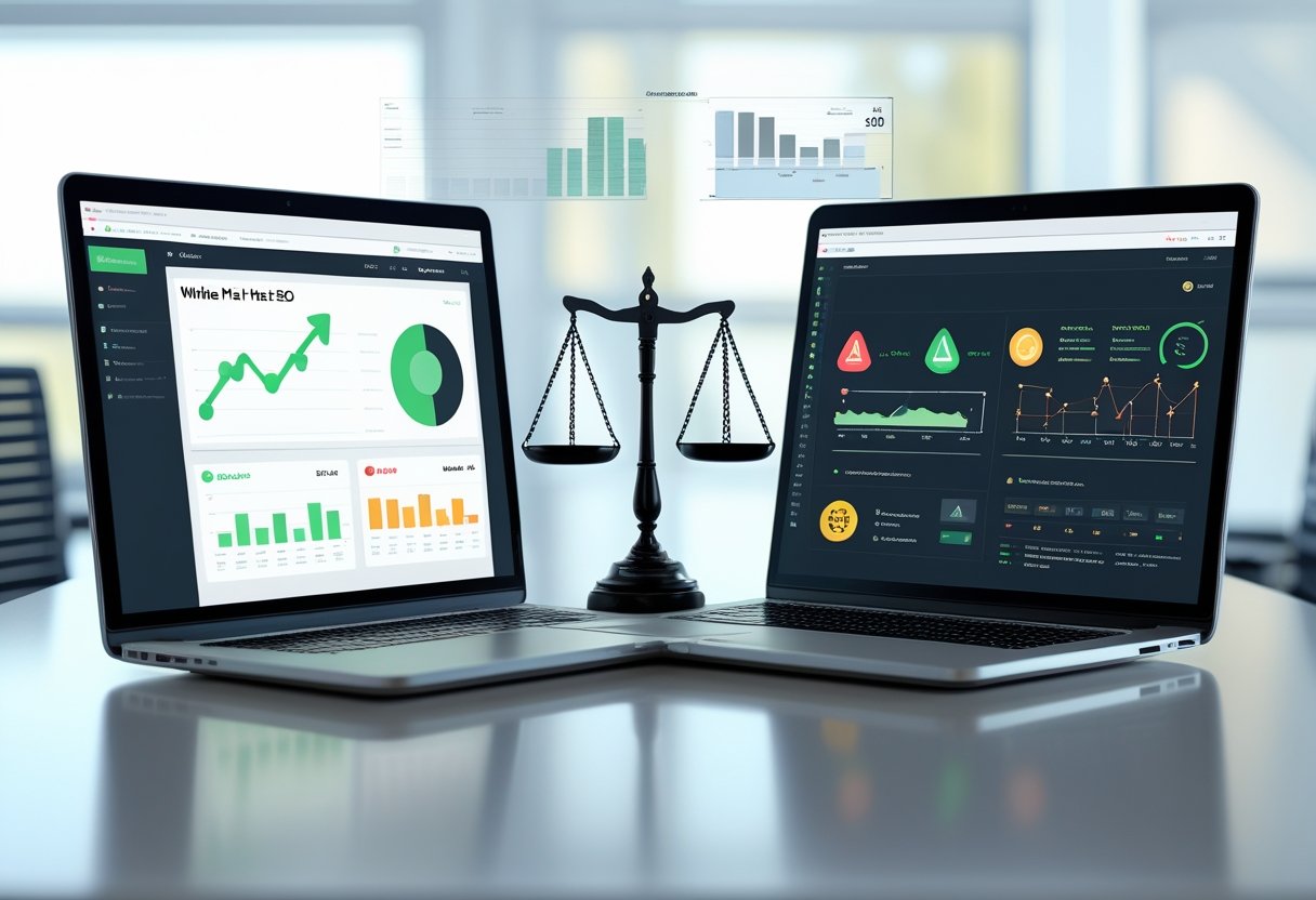 White Hat vs Black Hat SEO: Key Differences 3 A modern office desk with two laptops side by side, one showing positive SEO data and the other showing warning signs, with a balanced scale between them symbolizing ethical and unethical SEO practices.