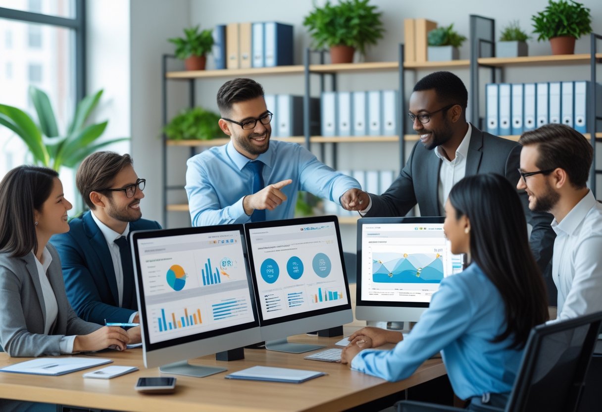 How to Recover from a Google Penalty: Steps to Regain Your Rankings 2 A team of professionals working together at a desk with computer screens showing website analytics and charts.