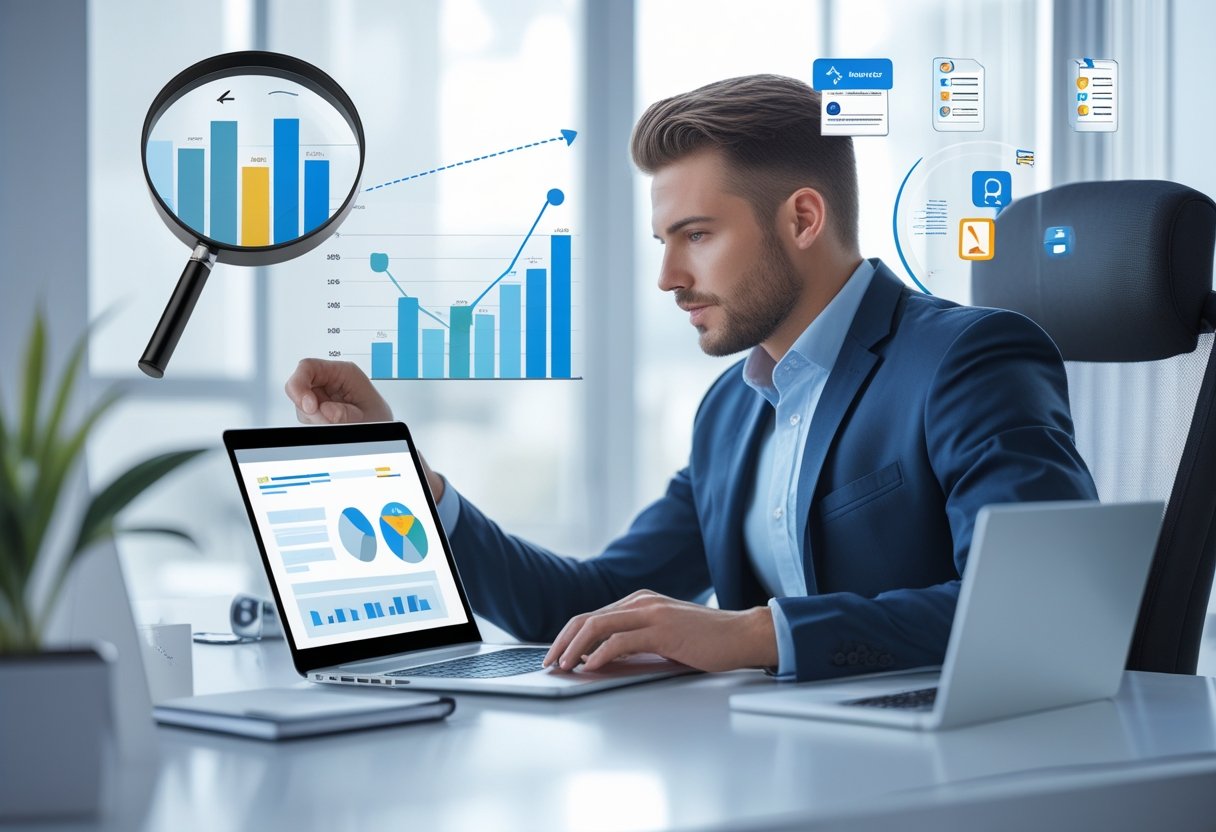 How to Recover from a Google Penalty: Steps to Regain Your Rankings 3 A business professional working on a laptop with charts and digital icons representing website analysis and recovery in a modern office.