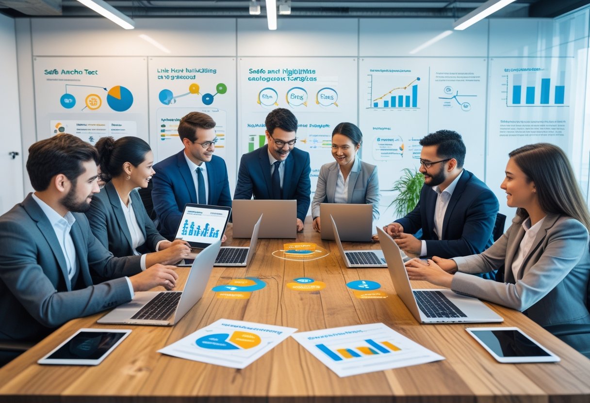 Anchor Text Strategy for Safe Link Building 1 A group of business professionals collaborating around a table with laptops and documents showing charts and diagrams related to link building strategies.