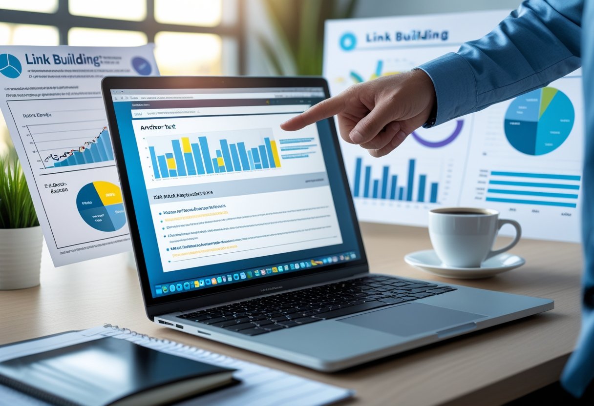 Anchor Text Strategy for Safe Link Building 2 A person pointing at a laptop screen showing a webpage with highlighted links, surrounded by charts and a notebook on a desk.