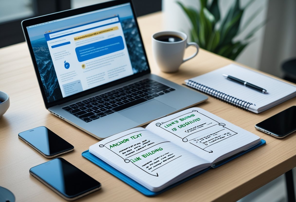 Anchor Text Strategy for Safe Link Building 3 A modern workspace with a laptop, notebook, coffee cup, and smartphone arranged on a clean desk.