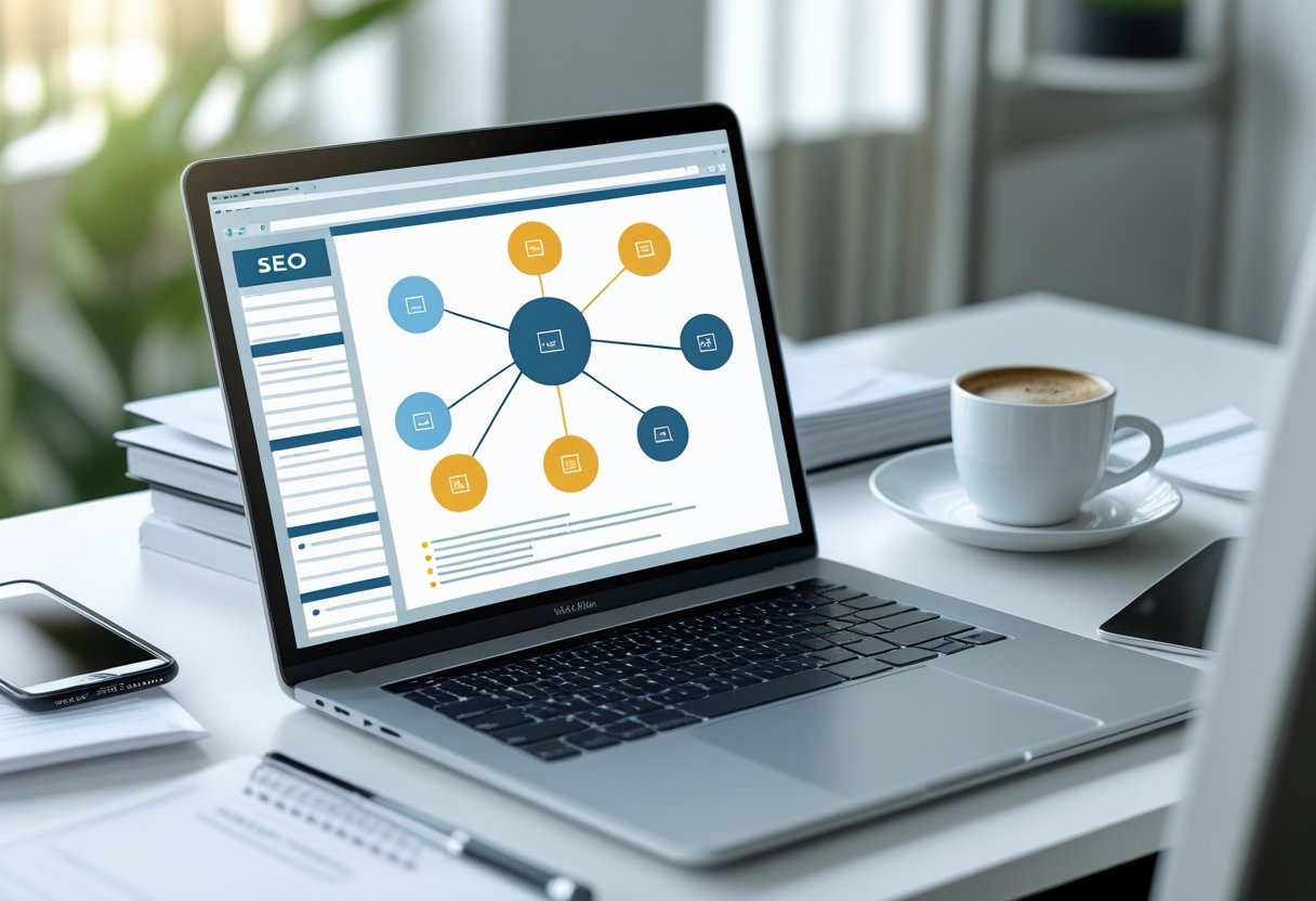Internal Linking Best Practices for SEO 1 A modern workspace with a laptop showing a website structure diagram, surrounded by notes, a smartphone, and a coffee cup on a desk.