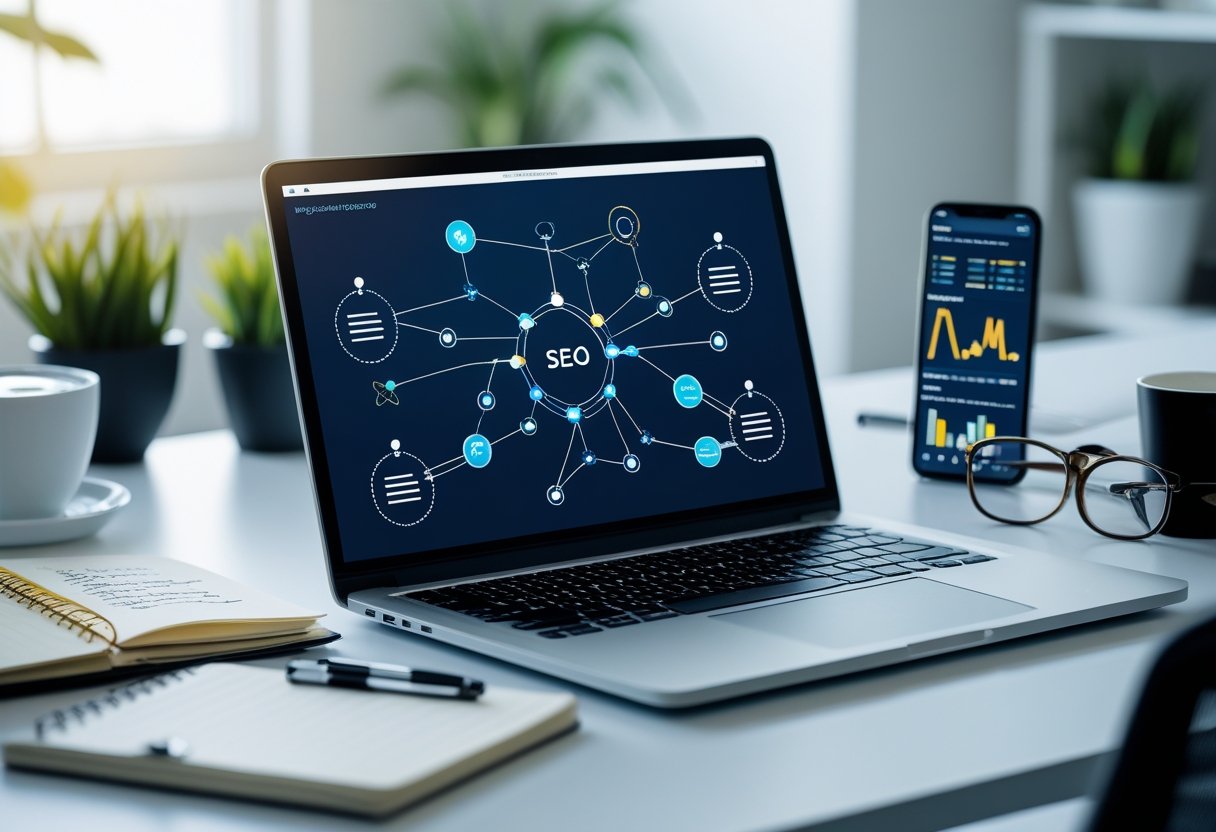 Internal Linking Best Practices for SEO 2 A modern office desk with a laptop showing a website sitemap with interconnected links, surrounded by a notebook, smartphone, coffee cup, and glasses.