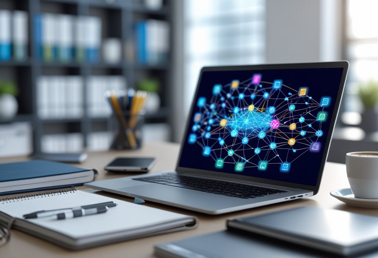 Internal Linking Best Practices for SEO 3 A modern office workspace with a laptop showing a colorful network diagram, surrounded by notebooks, pens, and a coffee cup.