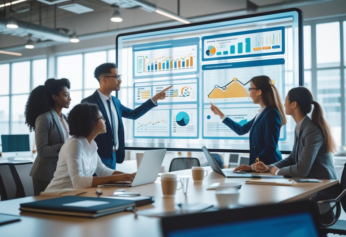 Programmatic SEO Strategy for Scalable Growth 3 A diverse group of business professionals collaborating around a digital screen displaying charts and data in a modern office setting.