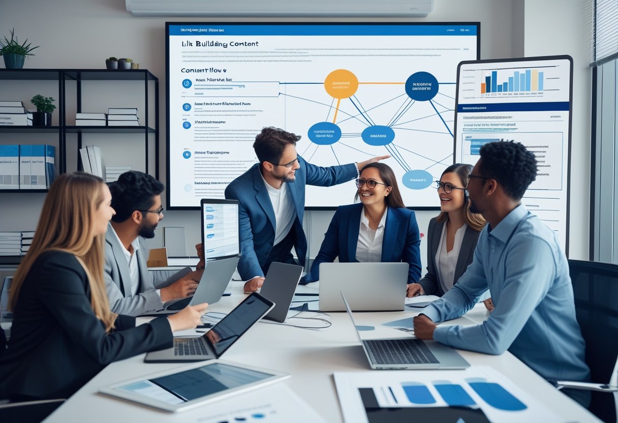 How EEAT Affects Link Building and On-Site Content: Key Strategies for Improved SEO 1 A team of professionals collaborating in an office with laptops and charts, discussing web links and content strategies.
