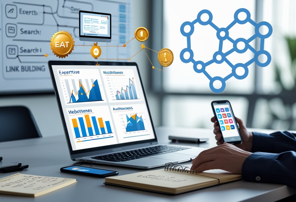 How EEAT Affects Link Building and On-Site Content: Key Strategies for Improved SEO 2 A modern office workspace with a laptop showing charts, a notebook with notes, a smartphone with social media icons, and symbols representing SEO concepts like link building and trust.