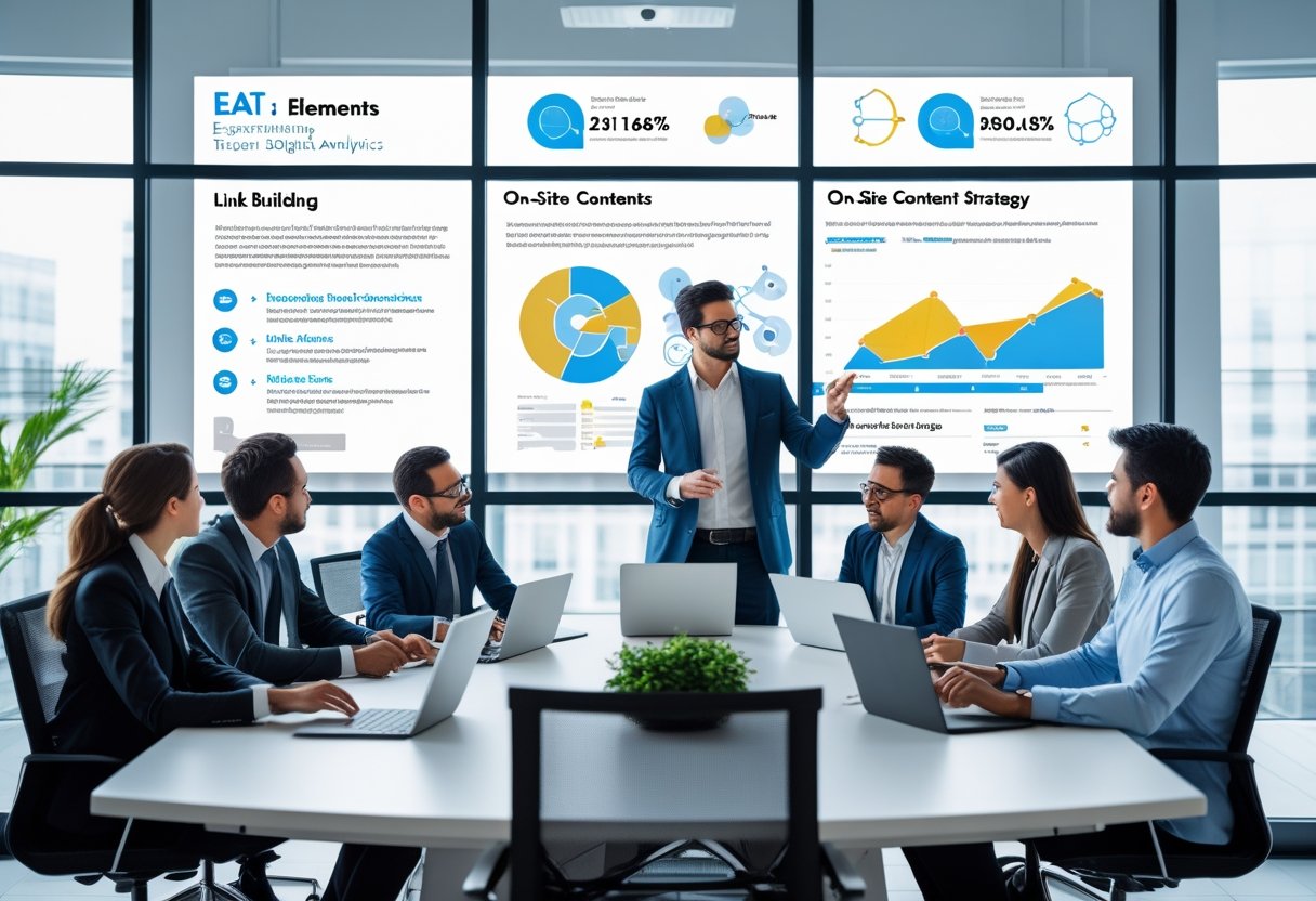 How EEAT Affects Link Building and On-Site Content: Key Strategies for Improved SEO 3 A group of business professionals collaborating around a conference table with digital devices and charts in a modern office.