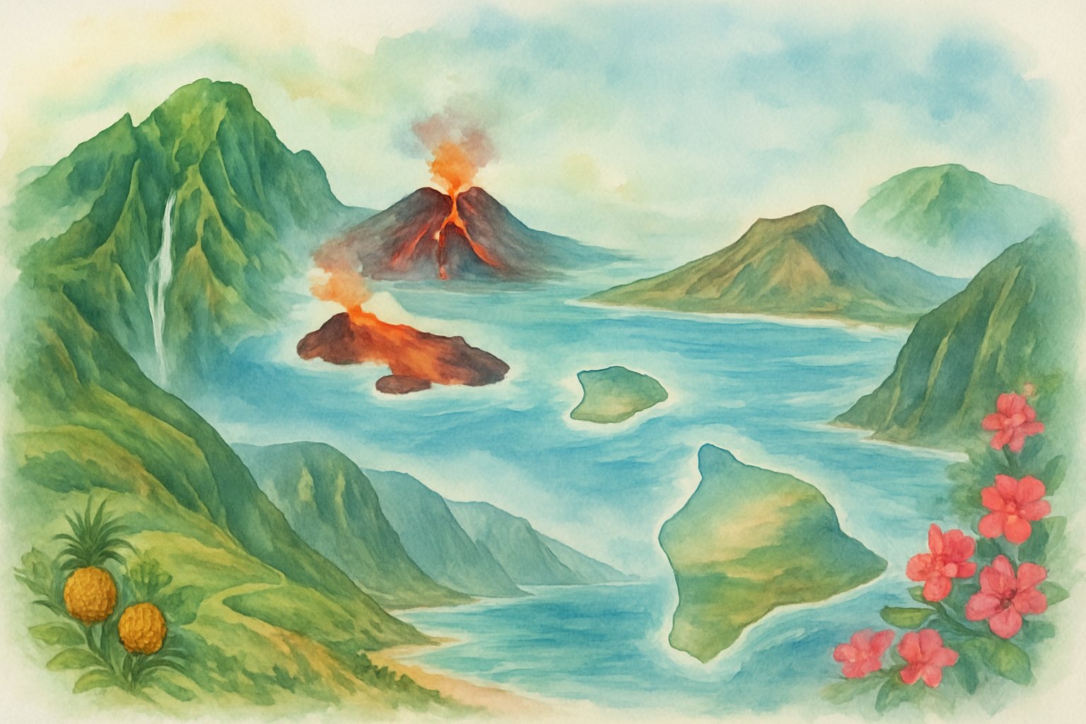 A colorful scene depicting the distinctive landscapes of each Hawaiian island, including mountains, volcanoes, beaches, cliffs, and tropical vegetation.
