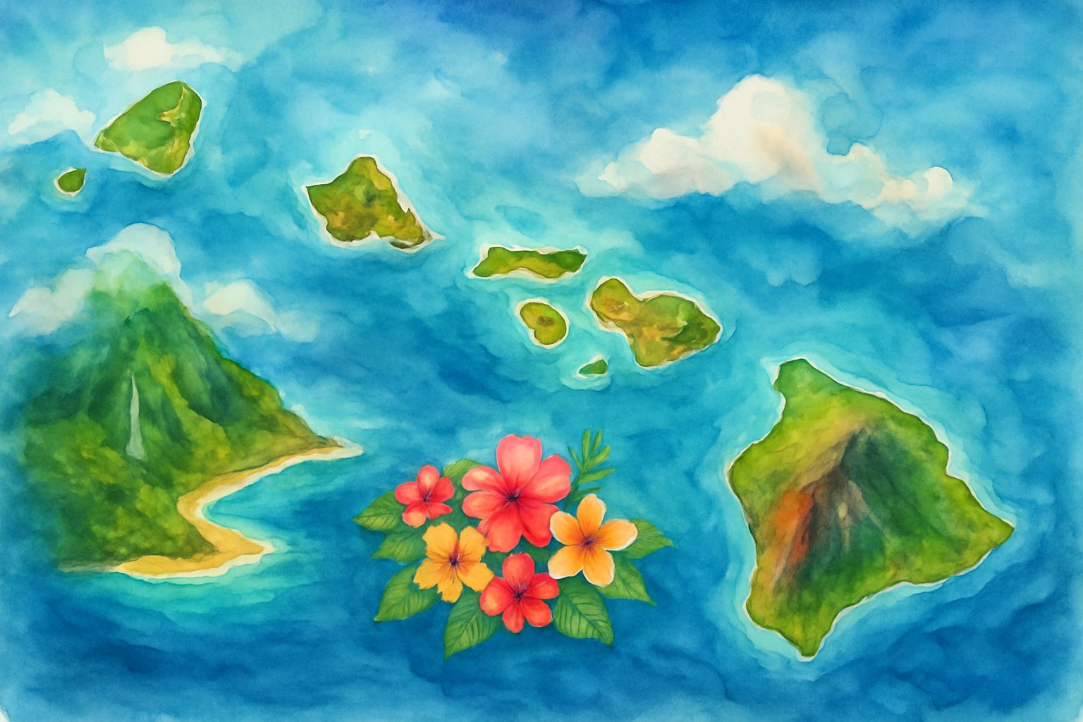 A bird's-eye view of the Hawaiian Islands showing mountains, forests, beaches, and ocean surrounding each island.