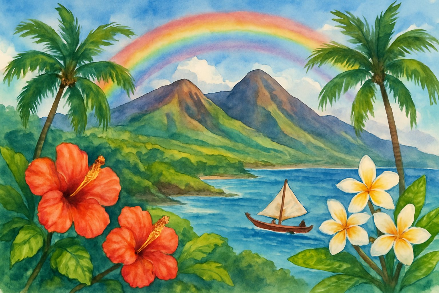 A colorful tropical island with volcanic mountains, palm trees, bright flowers, a canoe on the ocean, and a rainbow overhead.