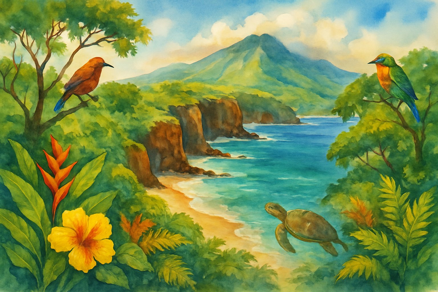 A tropical island landscape with green mountains, rocky coastline, sandy beaches, tropical flowers, birds, and a sea turtle in clear blue water.