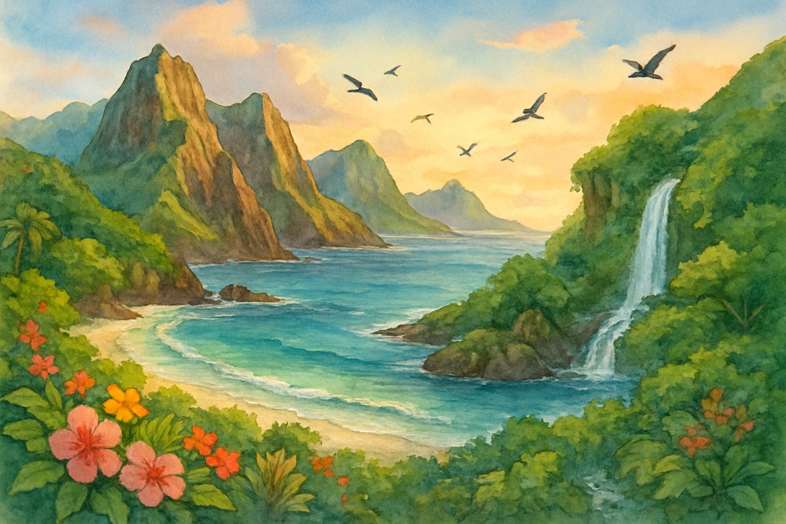 A peaceful view of remote Hawaiian islands with volcanic cliffs, sandy beaches, waterfalls, tropical plants, and birds flying over the ocean.