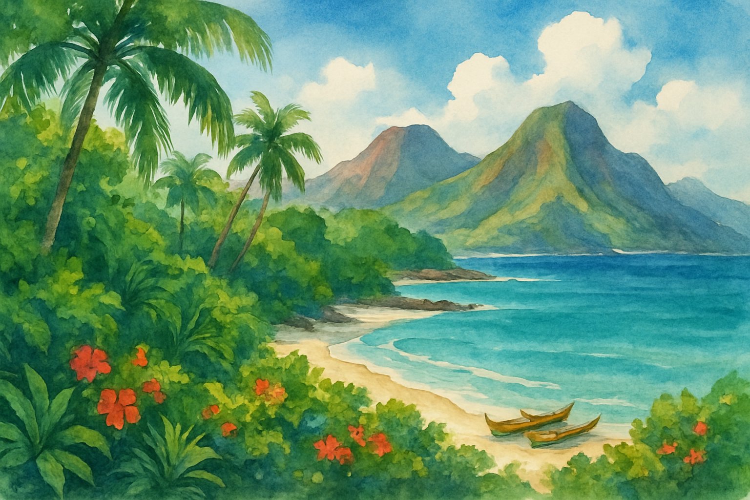 A tropical island with green palm trees, colorful flowers, white sandy beaches, turquoise water, and volcanic mountains in the background.