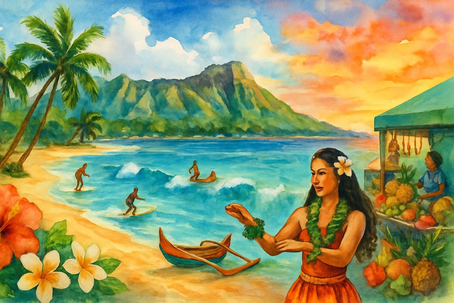 A colorful scene of Oahu featuring beaches, surfers, palm trees, volcanic mountains, a canoe on the water, tropical flowers, a hula dancer, a local market, and a sunset over the ocean.