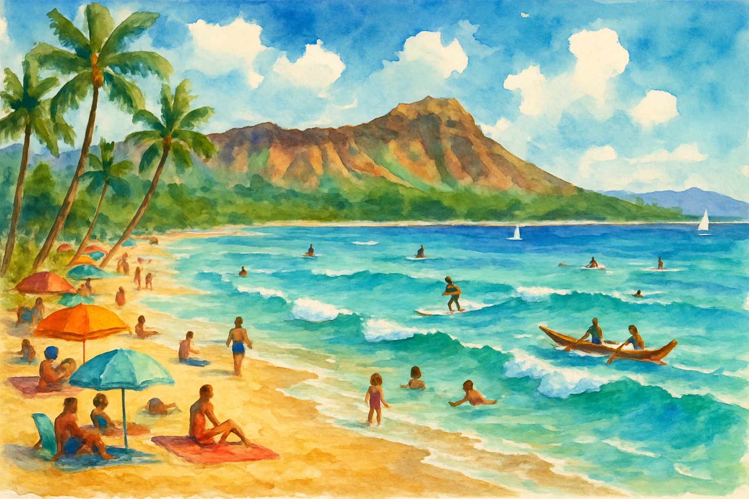 A beach scene with ocean waves, palm trees, people relaxing on the sand, surfers, and a volcanic crater in the background.