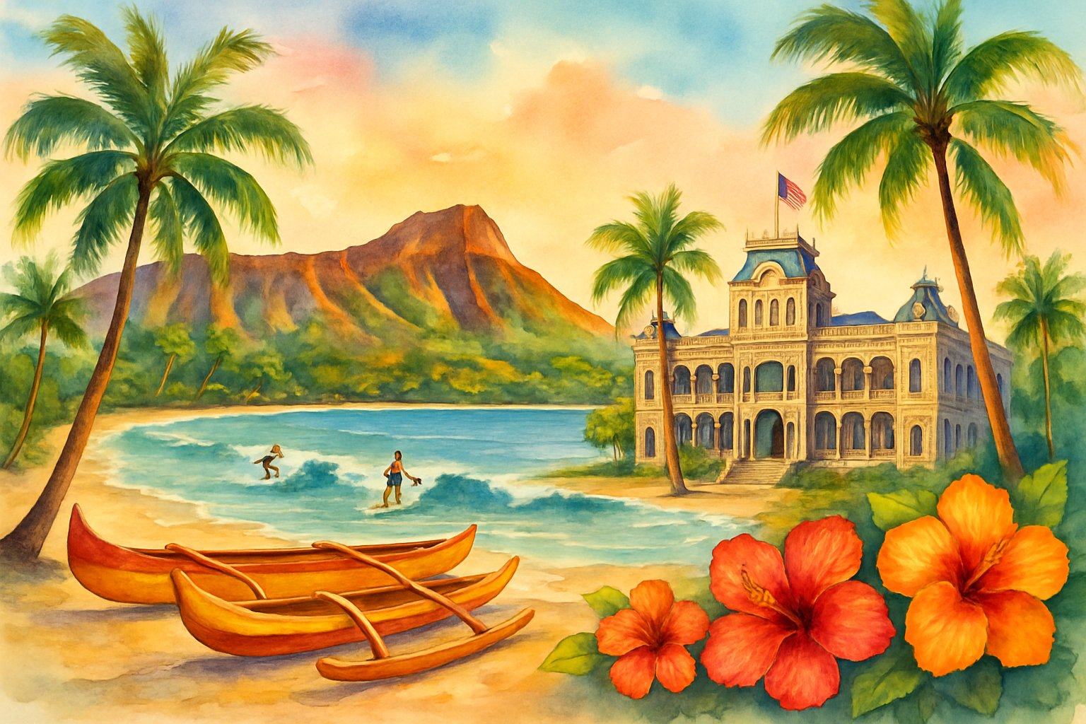A colorful scene showing Honolulu’s famous landmarks including Diamond Head, Iolani Palace, Waikiki Beach with surfers, palm trees, and tropical flowers under a warm sunrise sky.