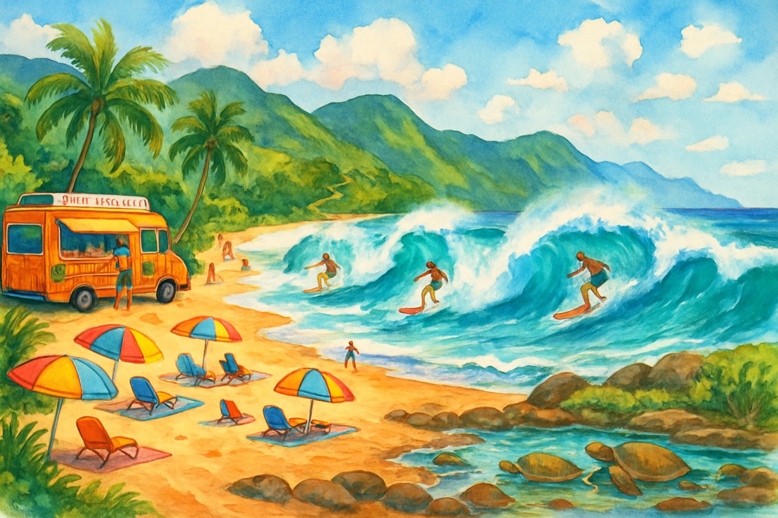 A beach scene on Oahu's North Shore with surfers riding waves, palm trees, mountains in the background, and people enjoying the shore.