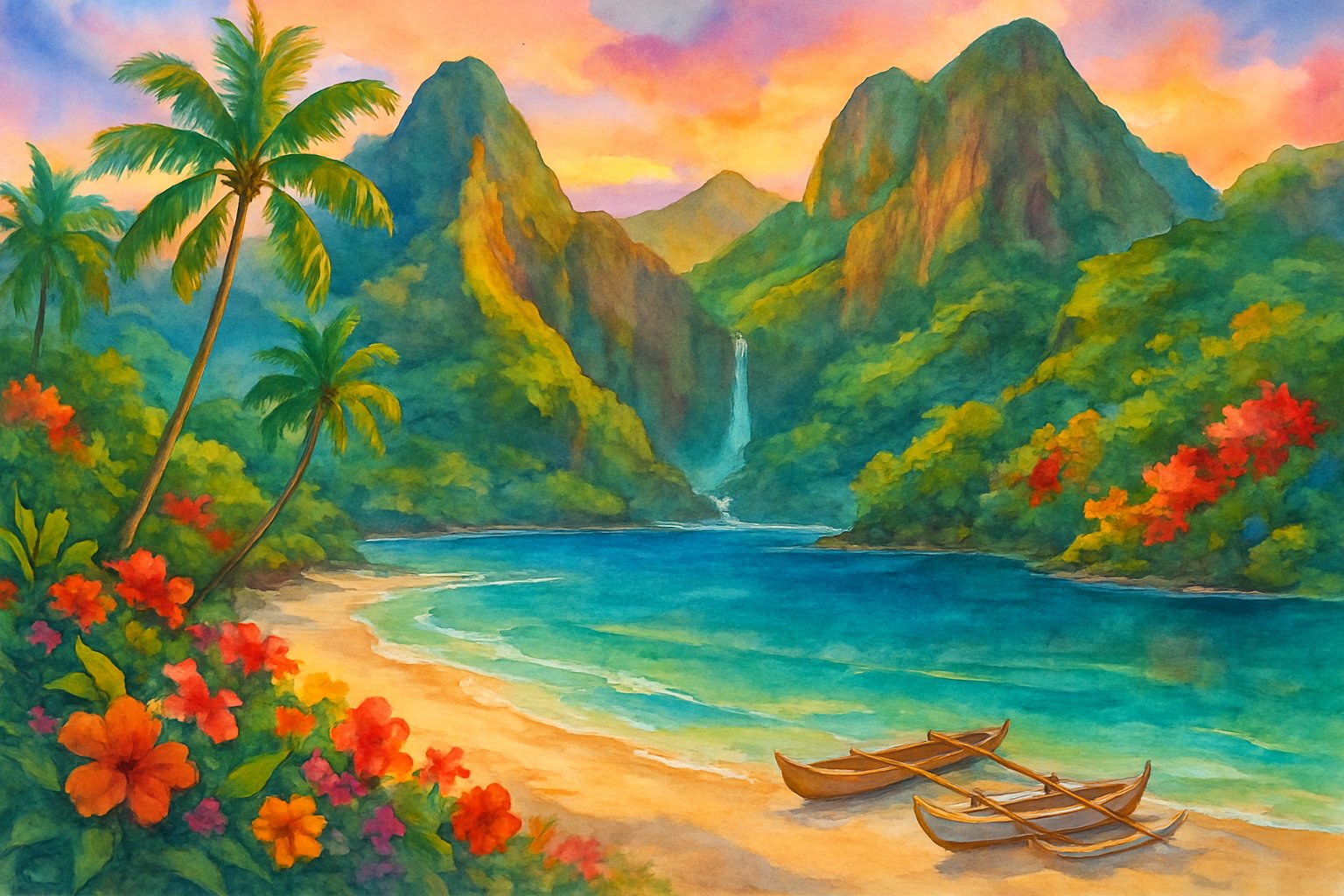 A secluded tropical island beach with palm trees, volcanic cliffs, colorful flowers, and clear blue water under a warm sunrise or sunset sky.