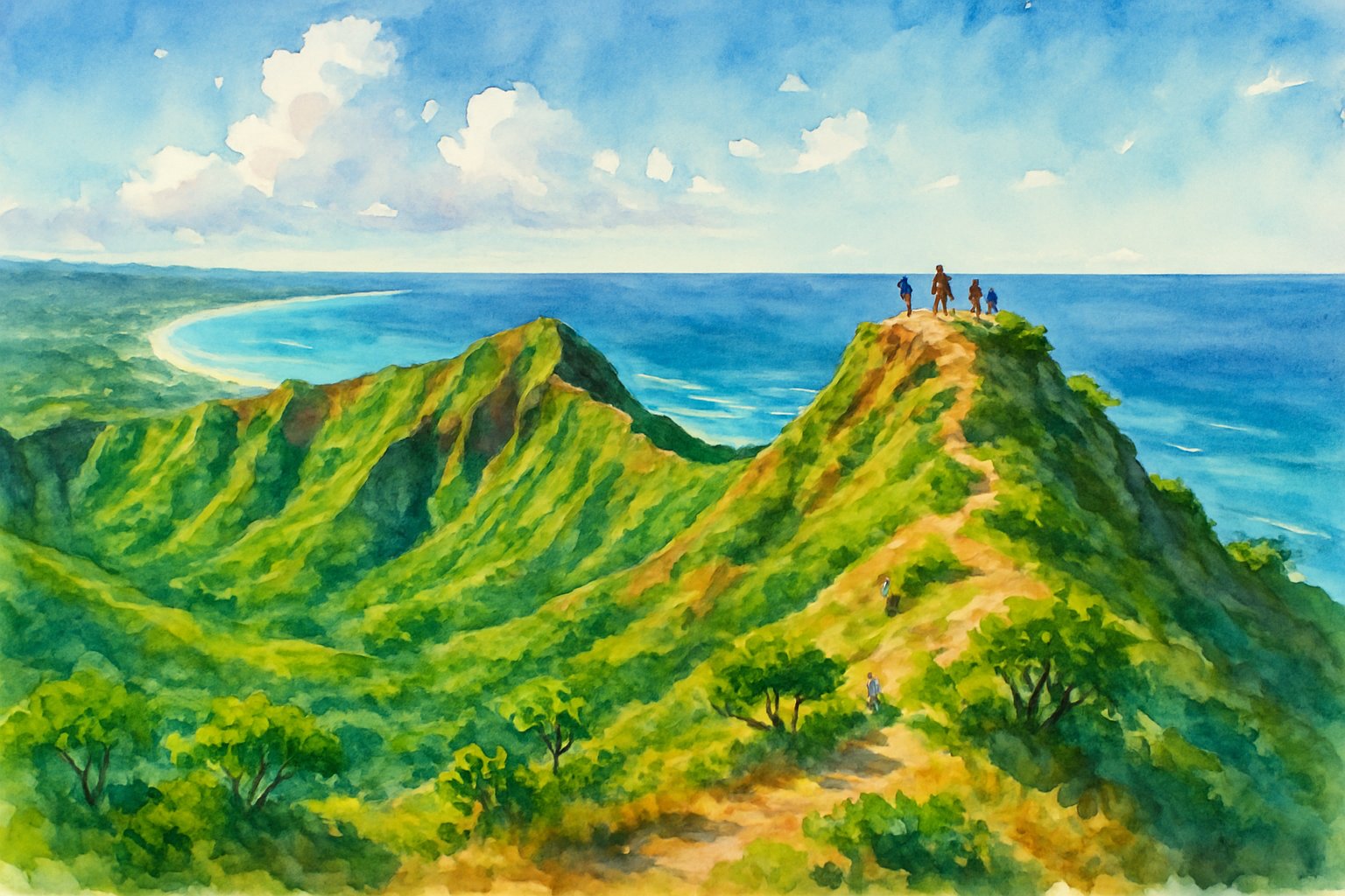 View from the top of Diamond Head Crater showing green volcanic slopes, hikers, the ocean, and a distant coastline with beaches.