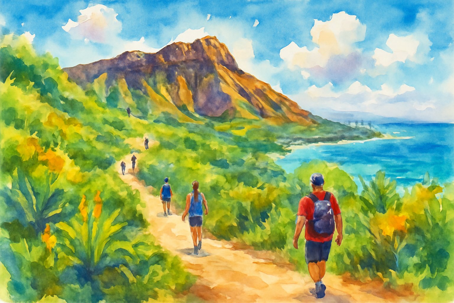 Hikers walking up a trail surrounded by green plants with a volcanic crater, ocean, and city skyline in the background.