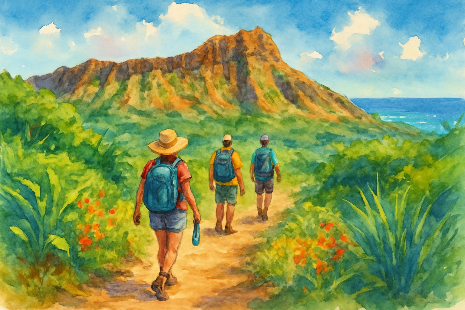 A hiking trail leading up to Diamond Head crater with hikers carrying backpacks surrounded by tropical plants and a view of the ocean in the background.