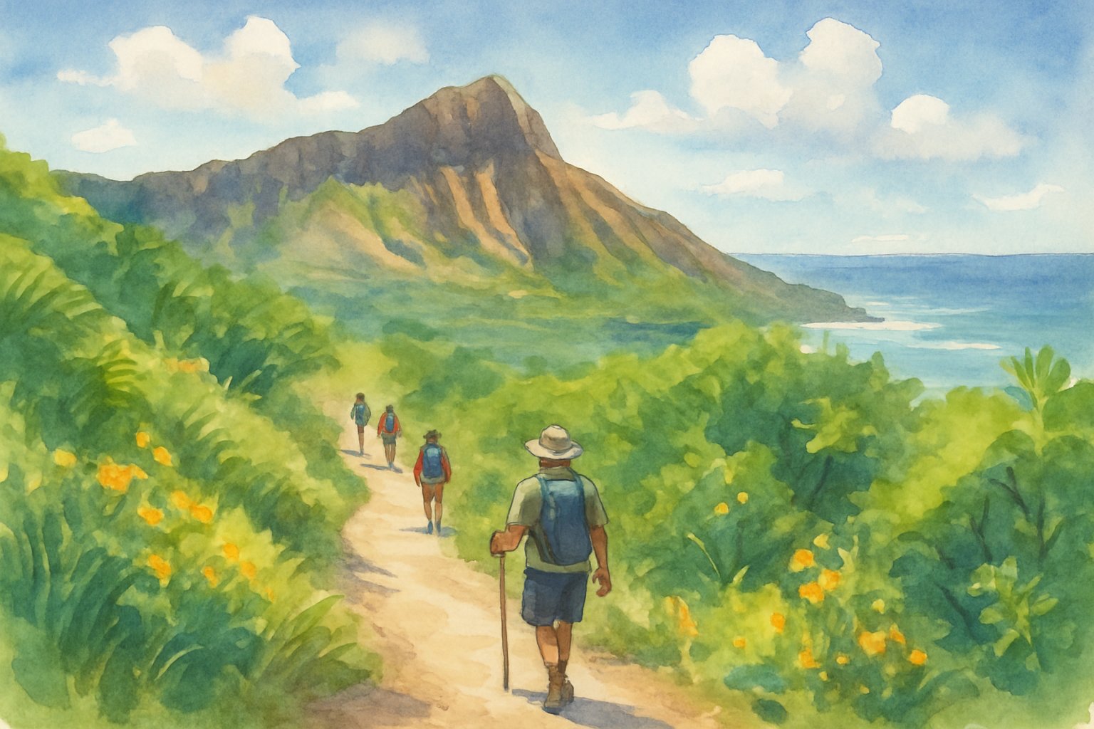 A hiking trail winding up Diamond Head crater with green plants, hikers on the path, and the ocean visible in the distance under a blue sky.