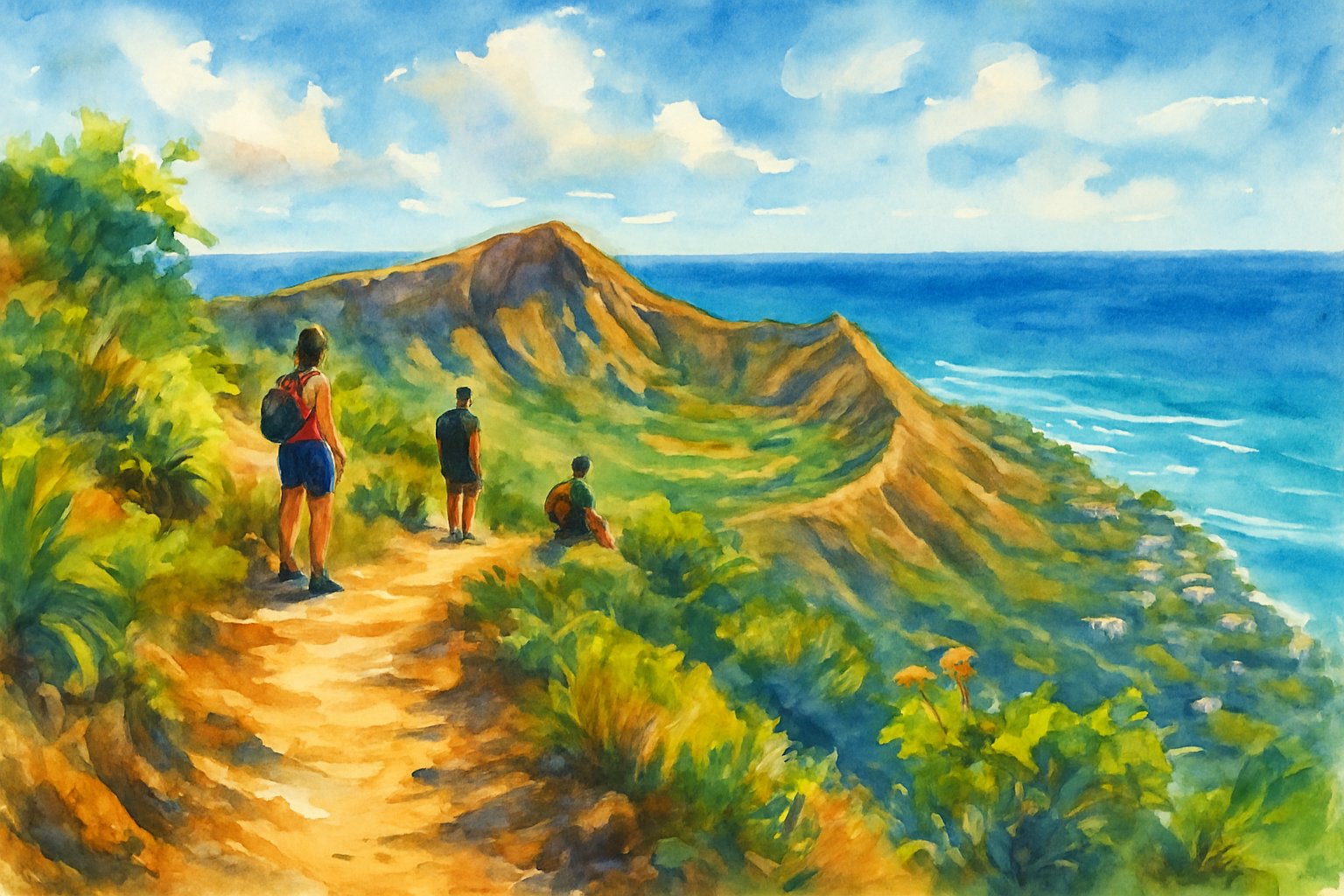 View from the top of Diamond Head crater showing a hiking trail, green plants, rocky rim, and the ocean extending to the horizon under a partly cloudy sky.