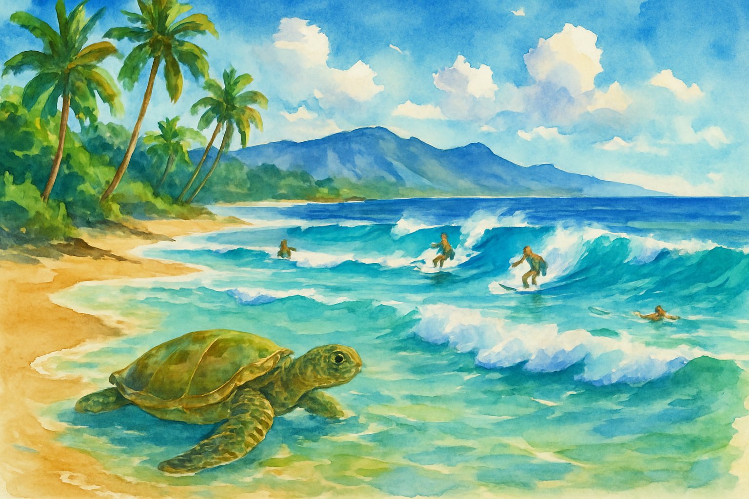 A beach scene with surfers riding waves and a sea turtle swimming near the shore, surrounded by palm trees and distant mountains.