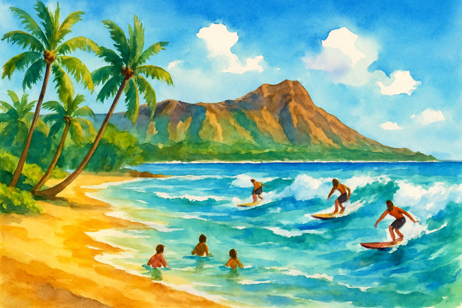 A tropical beach with golden sand, clear blue water, surfers riding waves, swimmers near the shore, palm trees, and volcanic cliffs in the background.