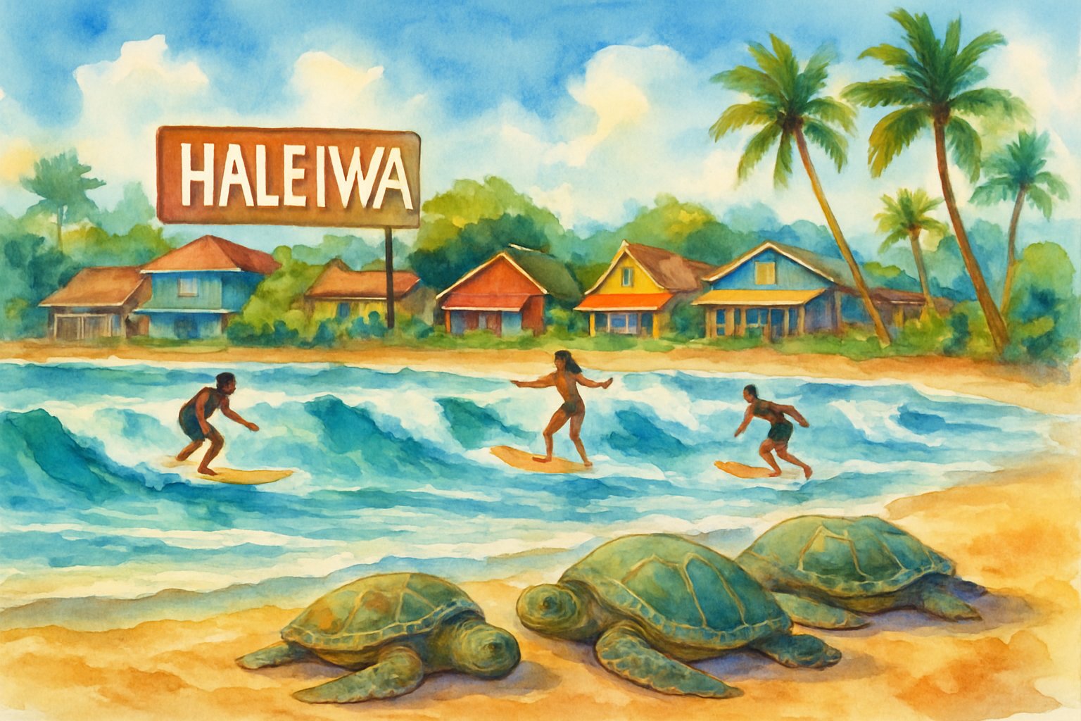 A beach scene with surfers riding waves and sea turtles resting on the shore near a small town with palm trees.