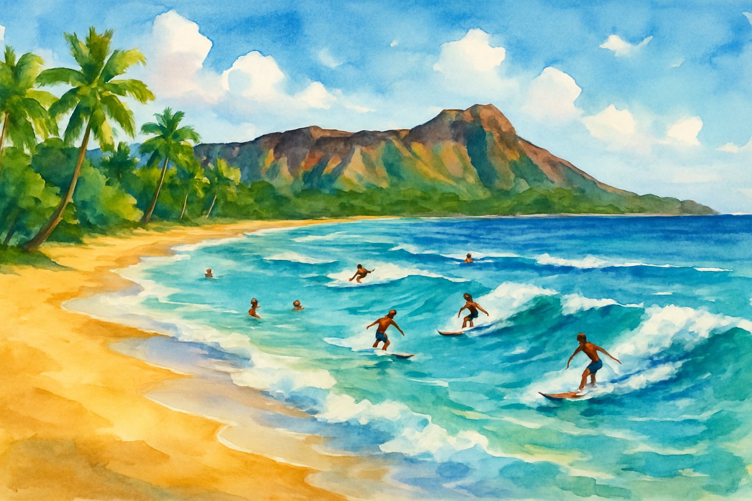 A sunny beach in Oahu with clear turquoise water, gentle waves, palm trees, surfers, swimmers, and distant mountains.