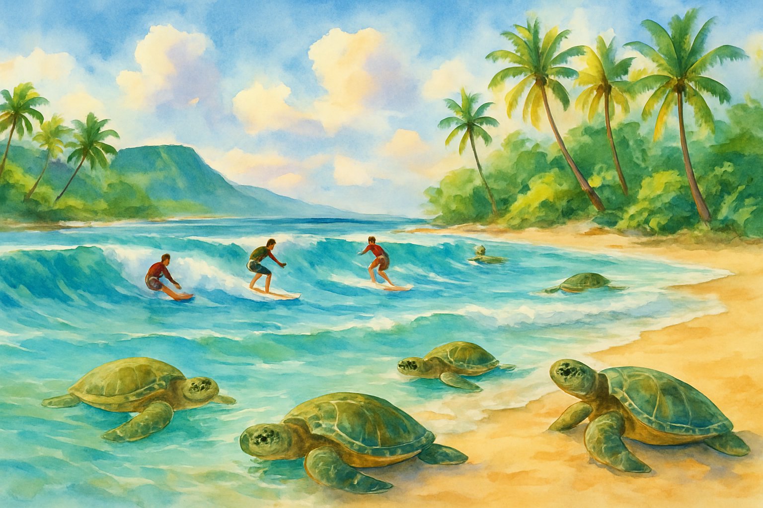 A beach scene with surfers riding waves and sea turtles resting on the sand and swimming in the ocean, surrounded by palm trees and tropical plants.