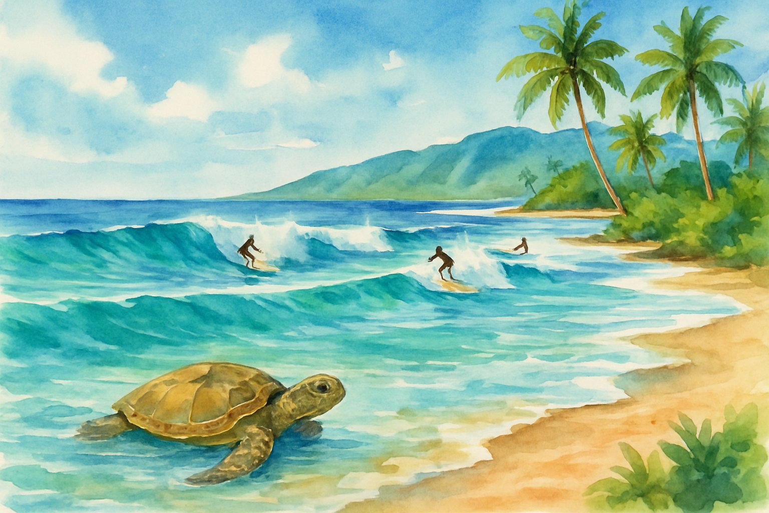 A beach scene showing surfers riding ocean waves and a sea turtle swimming near the shore with palm trees and greenery in the background.