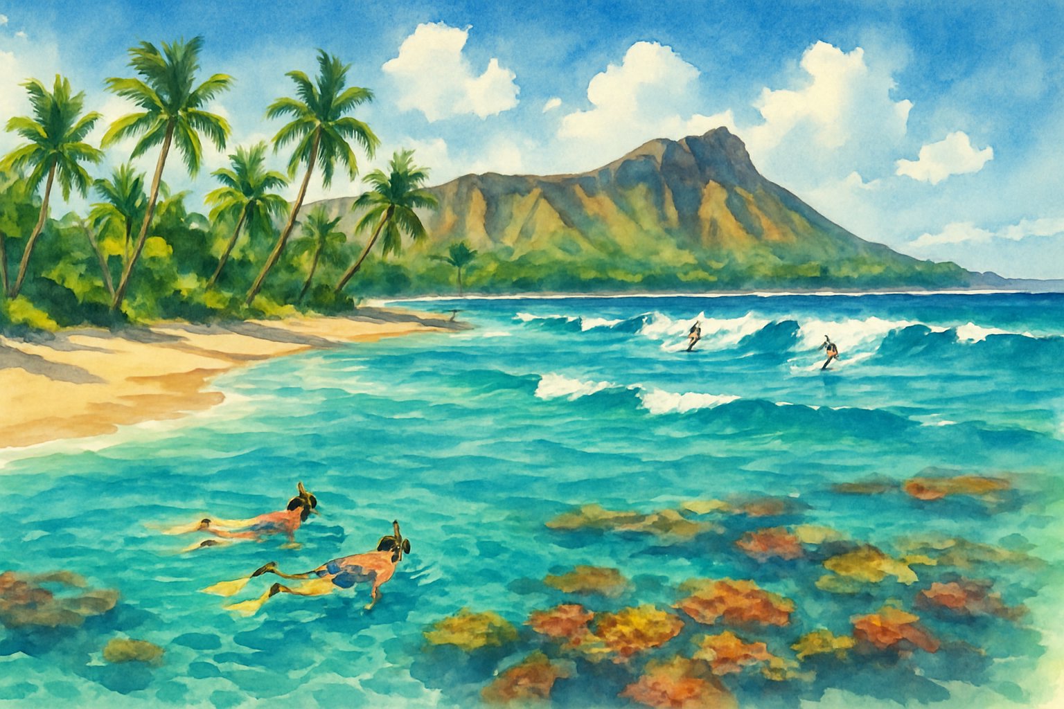 A tropical beach with clear blue water, coral reefs, snorkelers, surfers riding waves, white sandy shore, and palm trees.