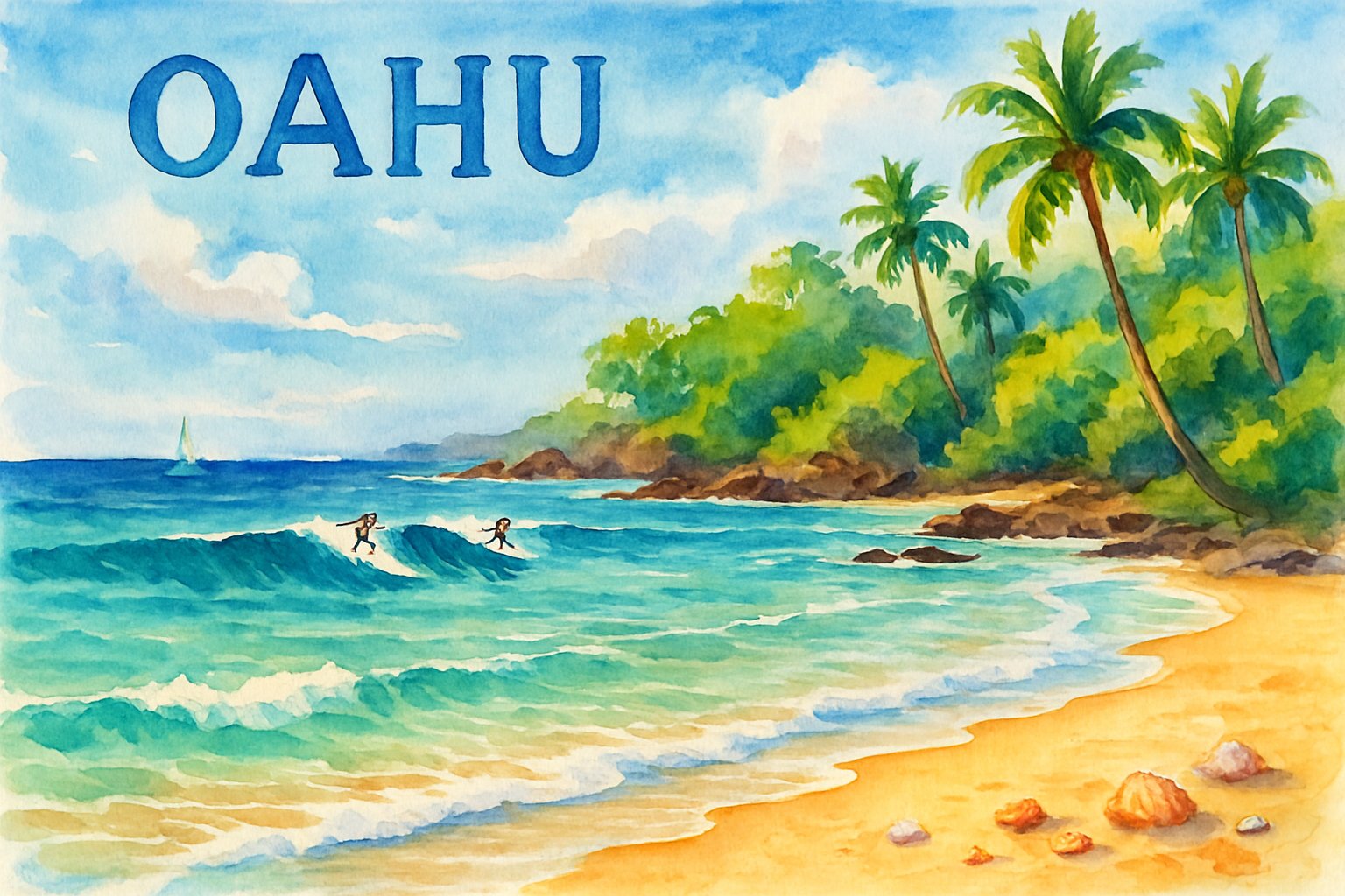 A peaceful beach with turquoise waves, palm trees, surfers riding waves, and rocky coves under a bright blue sky.