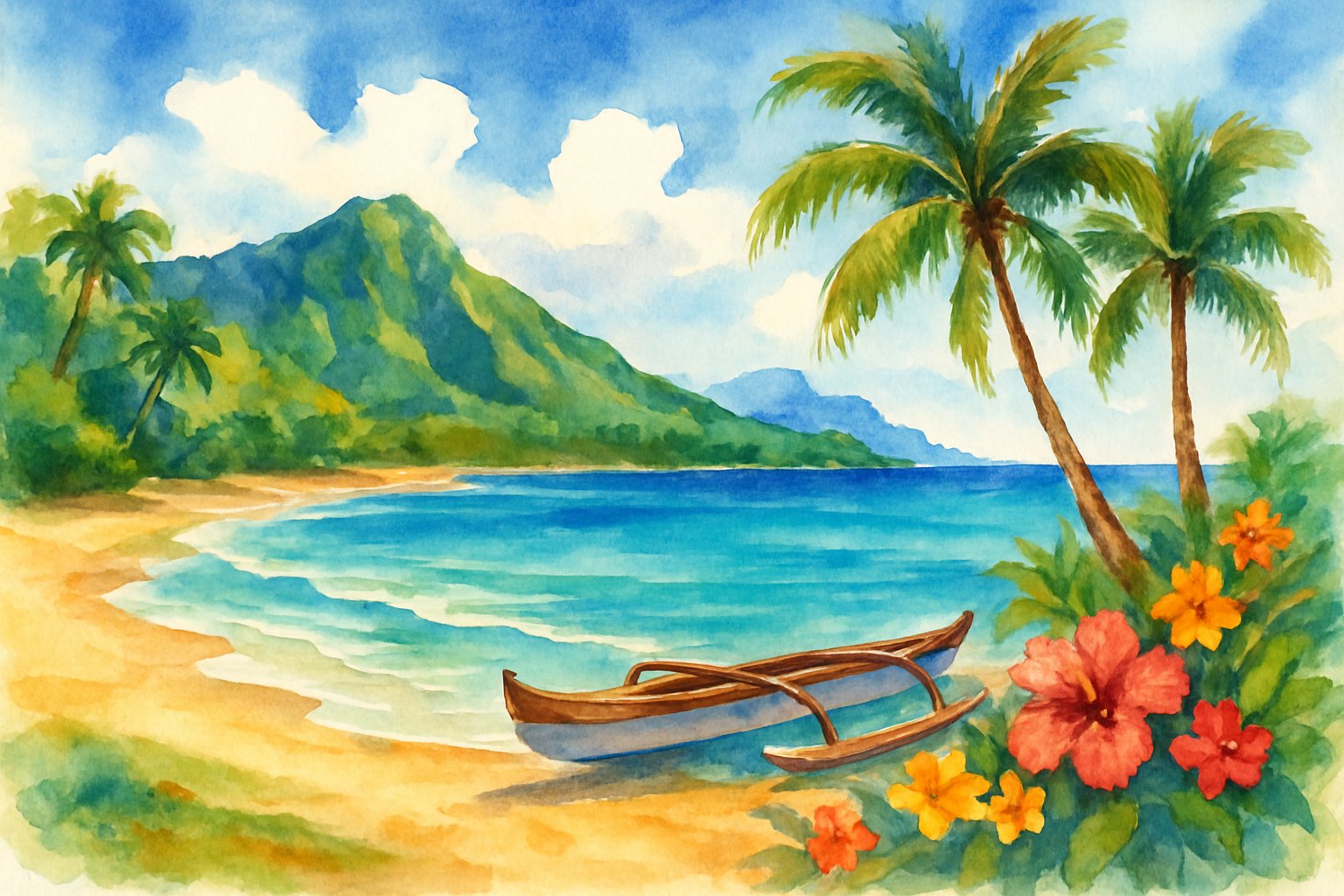 A tropical beach with clear blue water, golden sand, palm trees, and green mountains in the background under a partly cloudy sky.