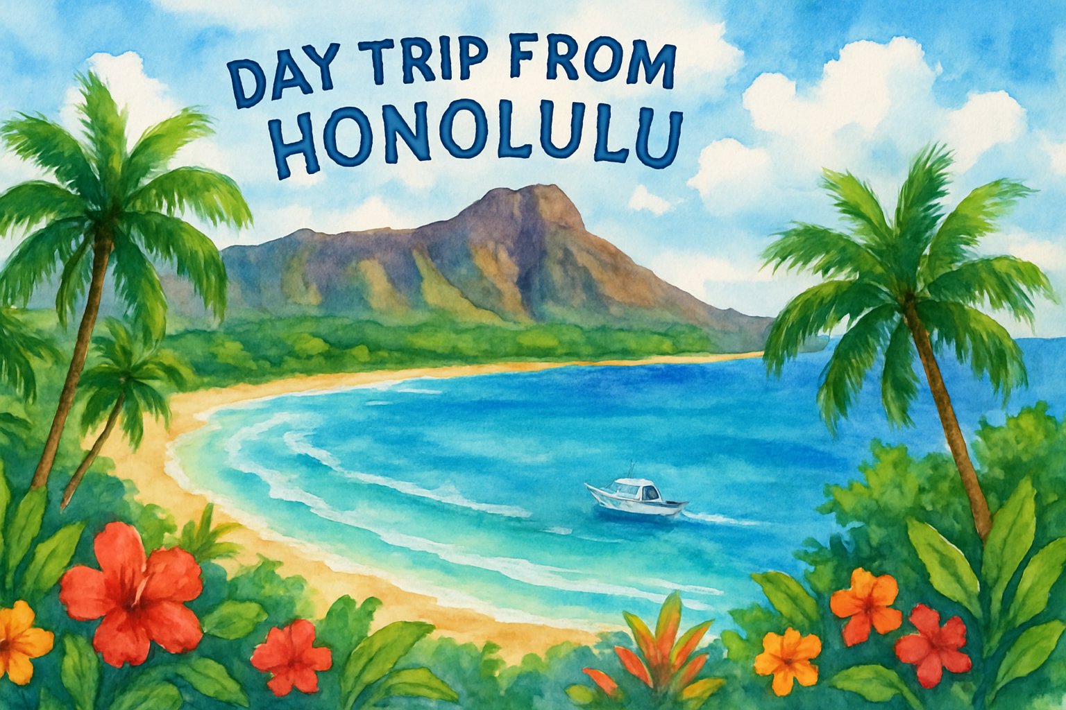 A tropical Hawaiian coastline with turquoise ocean, sandy beaches, palm trees, a small boat, and distant mountains under a blue sky.