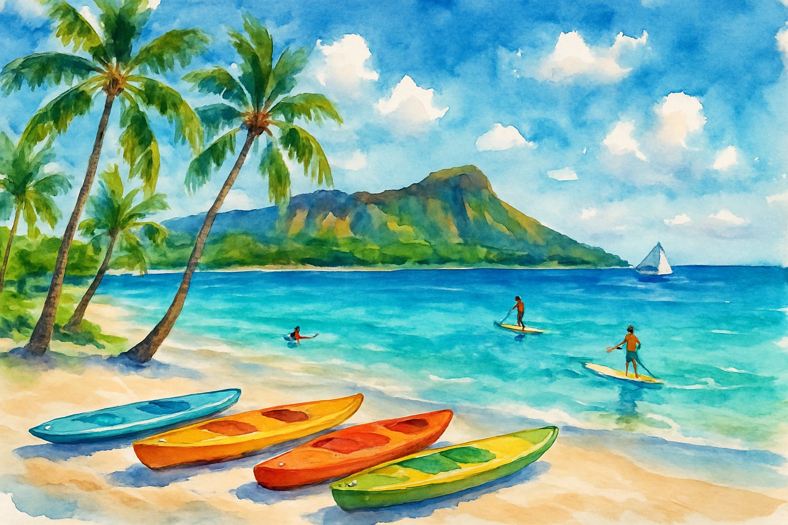 A tropical beach with clear turquoise water, white sand, palm trees, people kayaking and paddleboarding, and a boat near a green island.