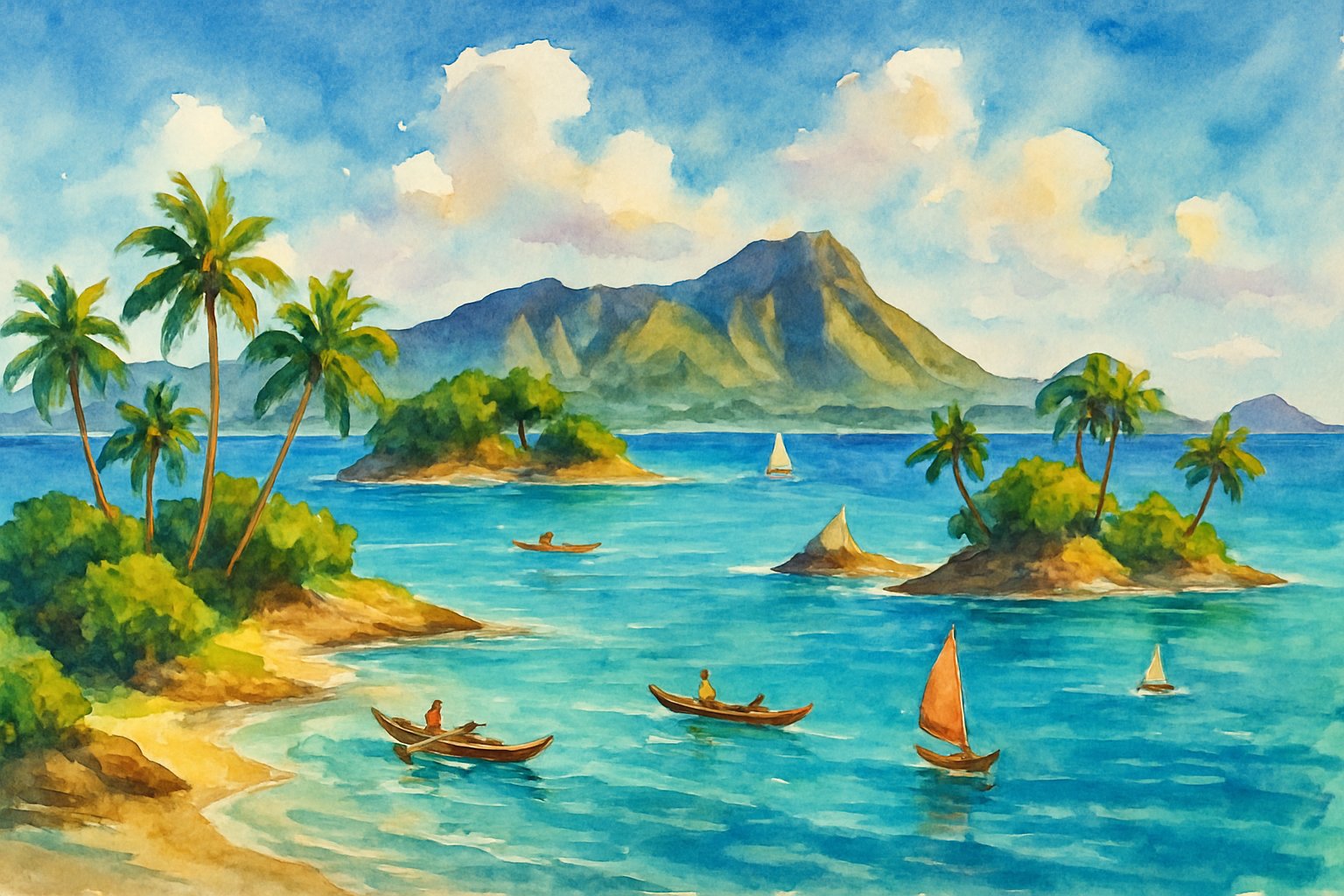 A peaceful tropical seascape with several small islands, clear blue water, palm trees, and boats sailing near the shore.