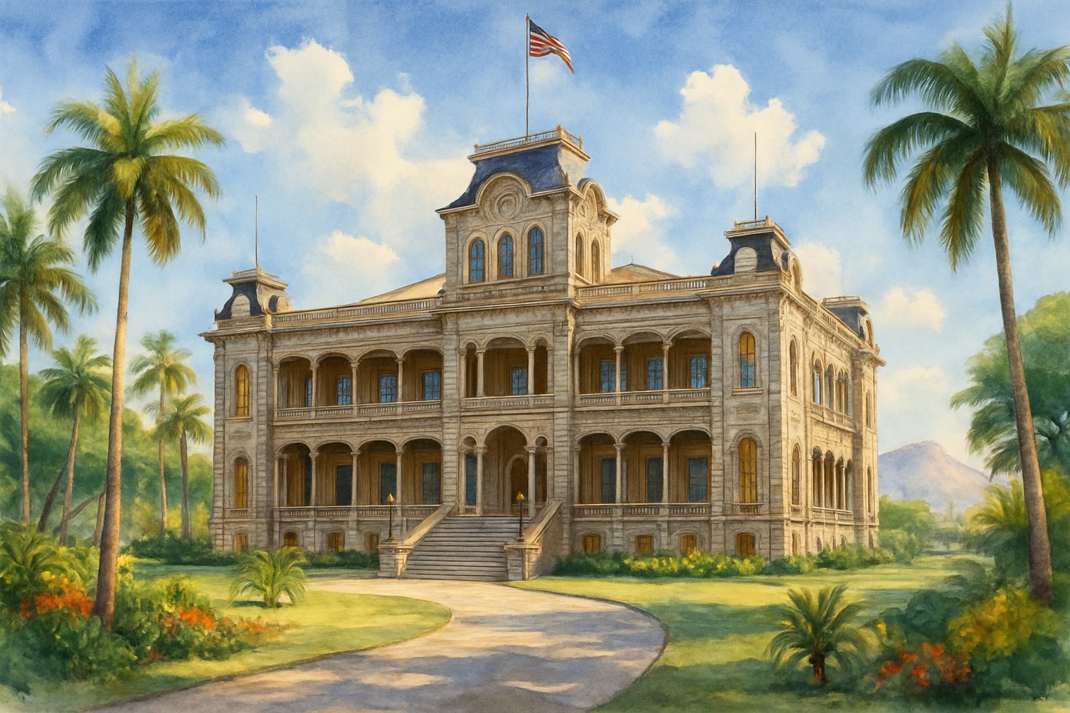 Iolani Palace in Honolulu surrounded by tropical gardens and palm trees, with a clear sky and distant cityscape in the background.