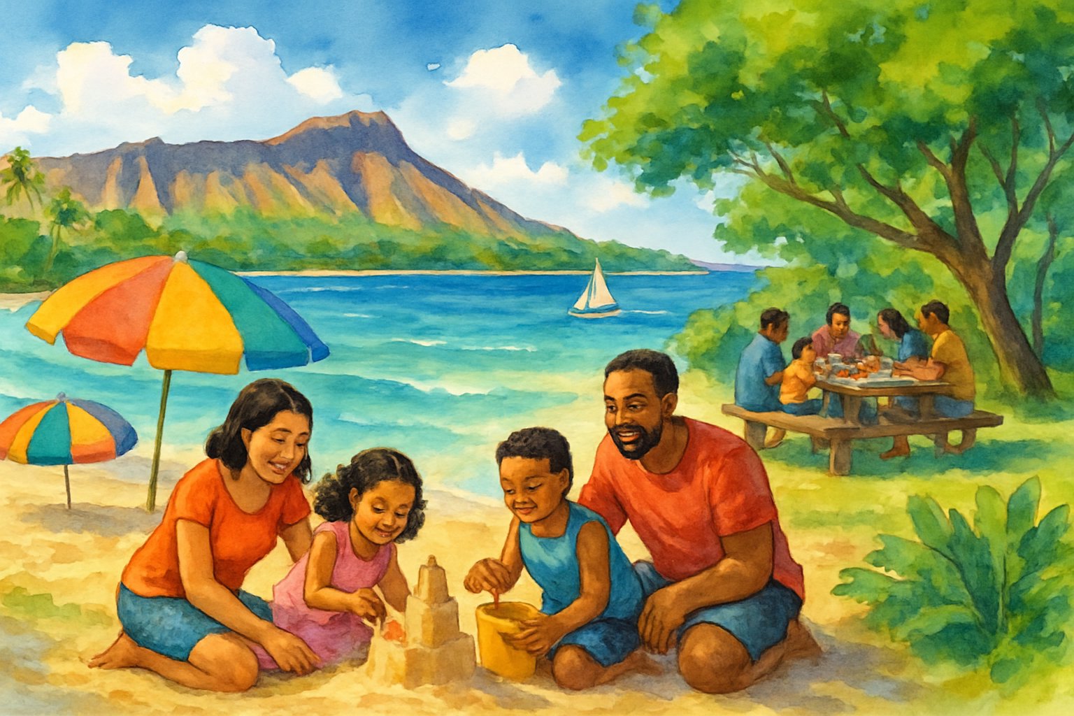 A family enjoying a sunny beach near Honolulu with children playing, tropical plants, and a mountain in the background.