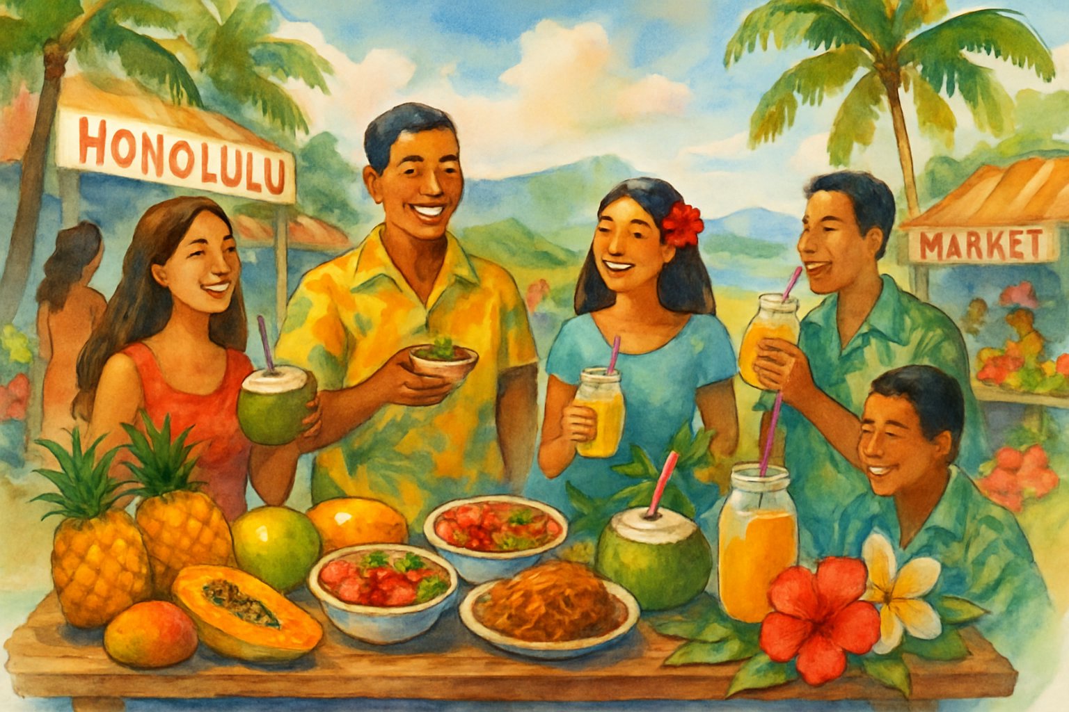 A lively outdoor Hawaiian market with people enjoying local food and drinks surrounded by palm trees, tropical flowers, hills, and the ocean.