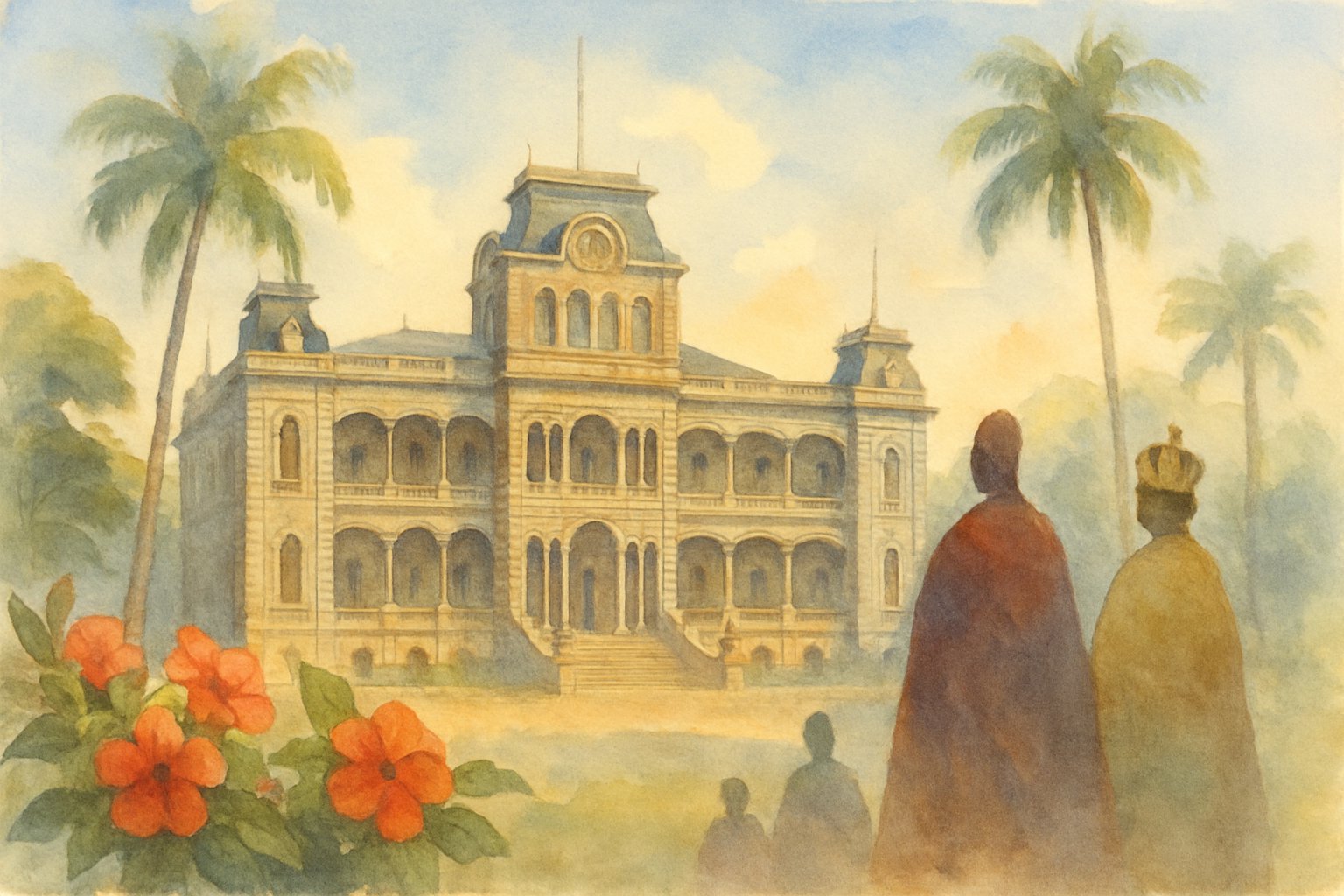 Iolani Palace surrounded by tropical gardens with palm trees and flowers, and figures of Hawaiian monarchs in traditional royal clothing nearby.